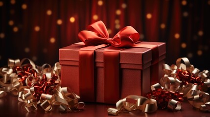 Red Gift Box with Elegant Ribbon and Festive Decorations
