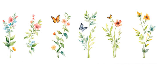 watercolor of butterfly flower and leaves isolated on transparent background - obrazy, fototapety, plakaty