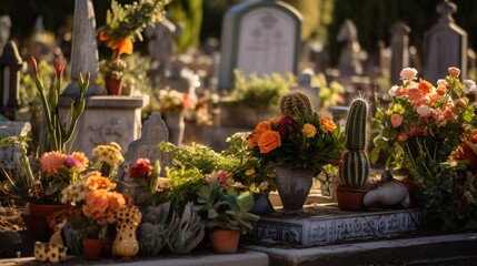 Colorful flowers and cacti on a grave in a cemetery