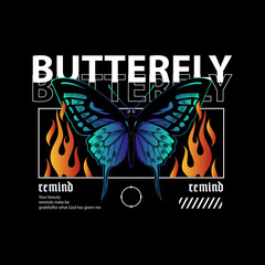 Burning fire butterfly design for streetwear vector design