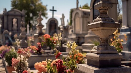 Colorful flowers and cacti on a grave in a cemetery - obrazy, fototapety, plakaty