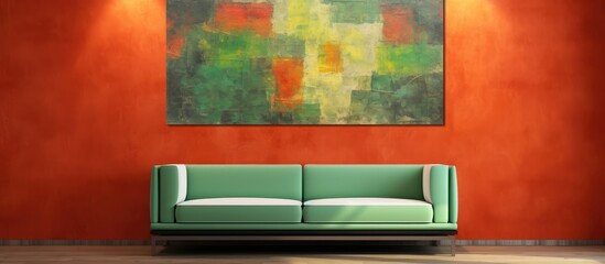 In the abstract art gallery, a vibrant design catches everyone's eye—a wall adorned with a textured painting; green, red, and yellow colors blend together on the canvas, creating a colorful and