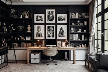 A stylish home office with a floating desk, built-in storage, and a gallery wall of inspiration.