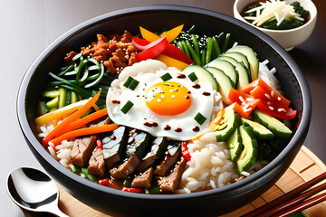 Korea's representative food is bibimbap. Bibimbap, which is eaten by mixing various vegetables, meat, rice, and red pepper paste together in a bowl, is delicious. Generative AI.