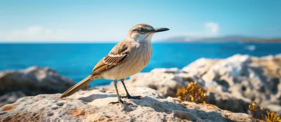 Foto op Aluminium In Galapagos, a medium shot captured a tan, inquisitive nesomimus mockingbird standing on the rocky terrain, observing its surroundings with curiosity. © AkuAku