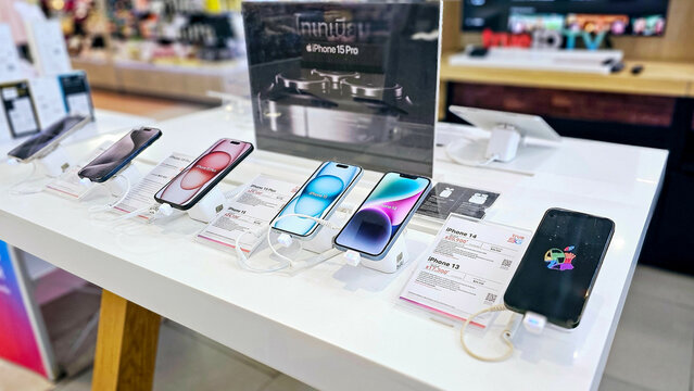 Showcase with new smartphones iPhone model iPhone. iPhone Smartphone, Available at Smartphones Shop. Apple new smartphone goods on display at store in Thailand, November 23, 2023