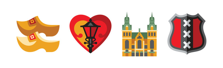 Netherlands Travel Symbols and Dutch Landmarks Flat Vector Set