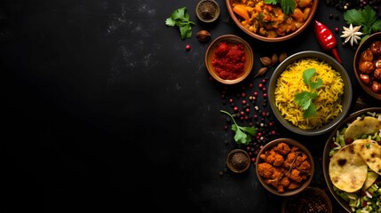 assorted indian food on a black background copy space.
