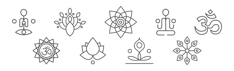 Line Yoga and Meditation Spiritual Sign Vector Set - obrazy, fototapety, plakaty
