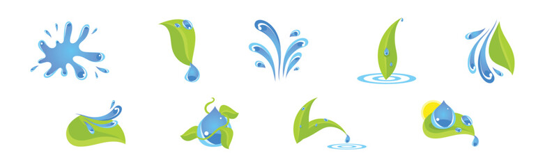 Green Leaf and Water Drop Ecological Icon Vector Set