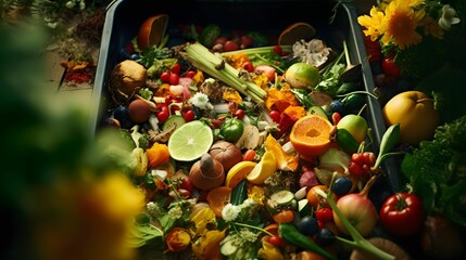 expired organic boi waste mix vegetables and fruits. - obrazy, fototapety, plakaty
