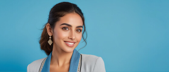 Beautiful Moroccan good woman nice fashion half body eye contact and background empty space for design in Morocco