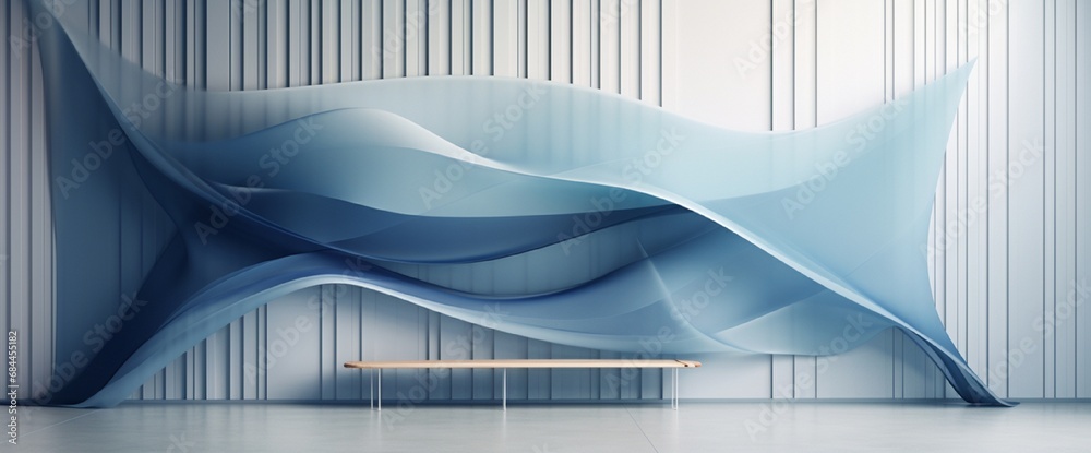 Wall mural layers of translucent shapes in cool tones overlap to produce a translucent 3d effect, evoking a sen
