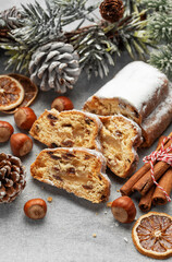 Christmas stollen with winter holidays decoration.