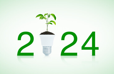 2024 text and fresh green tree leaves on soil with led light bulb on white background, Happy new...