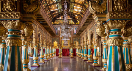 Beautiful decorated interior ceiling and pillars of the Durbar or audience hall inside the royal Mysore Palace - 684455937