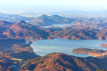 A panoramic view of the lake from the top of the mountain. Daecheong Dam in Korea