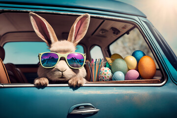 easter bunny and eggs
easter bunny and eggs happy easter day
Cute Easter Bunny with sunglasses looking out of a car filed with easter eggs, easter bunny with easter eggs, Ai generated image

