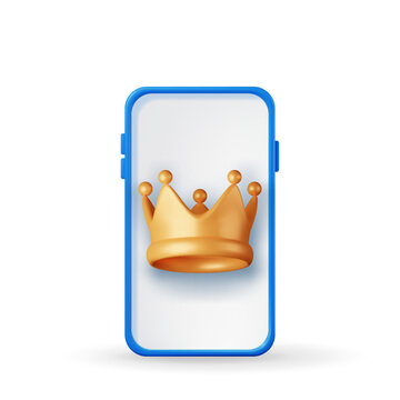 3D Gold Crown on Smartphone Screen Isolated. Render Golden Crown and Phone. Emoticon for VIP, Rich, Winner Luxury Premium Success. Customer Feedback, Rating or Status. Realistic Vector Illustration