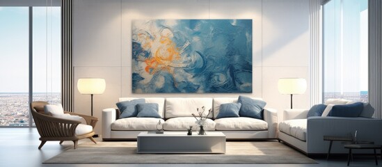 In awe of the breathtaking abstract landscape art adorning the interior walls, one cannot help but admire the intricate texture and design seamlessly blending elements of nature and architecture