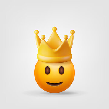 3D Cute Emoji Face with Golden Crown. Render Smile and Gold Crown Symbol. Emoticon for VIP, Rich, Winner Luxury Premium Success. Customer Feedback Rating or Status Signs. Realistic Vector Illustration