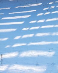 Shadow from a wooden fence on the snow in winter
