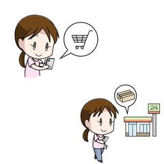 インターネット通販でコンビニ受け取りを利用する女性のイラスト