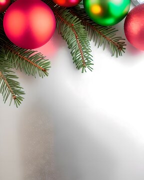 Christmas background with fir branches, red and green baubles and copy space