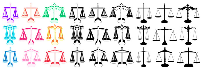 Set collections trendy justice scale icon logo. Balance law judgment symbol vector illustration - obrazy, fototapety, plakaty