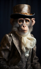 portrait of monkey dressed in Victorian era clothes, confident vintage fashion portrait of an anthropomorphic animal, posing with a charismatic human attitude - obrazy, fototapety, plakaty