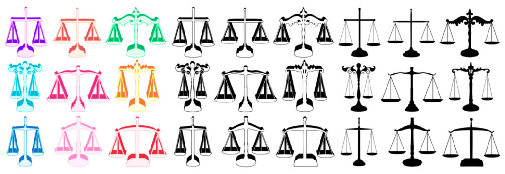 Set collections trendy justice scale icon logo. Balance law judgment symbol vector illustration
