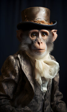 portrait of monkey dressed in Victorian era clothes, confident vintage fashion portrait of an anthropomorphic animal, posing with a charismatic human attitude
