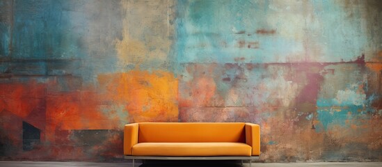 In the heart of the urban jungle, an old concrete wall stands tall, its stone surface covered in a textured, abstract design painted in retro hues, adding a grunge touch to the city's architecture