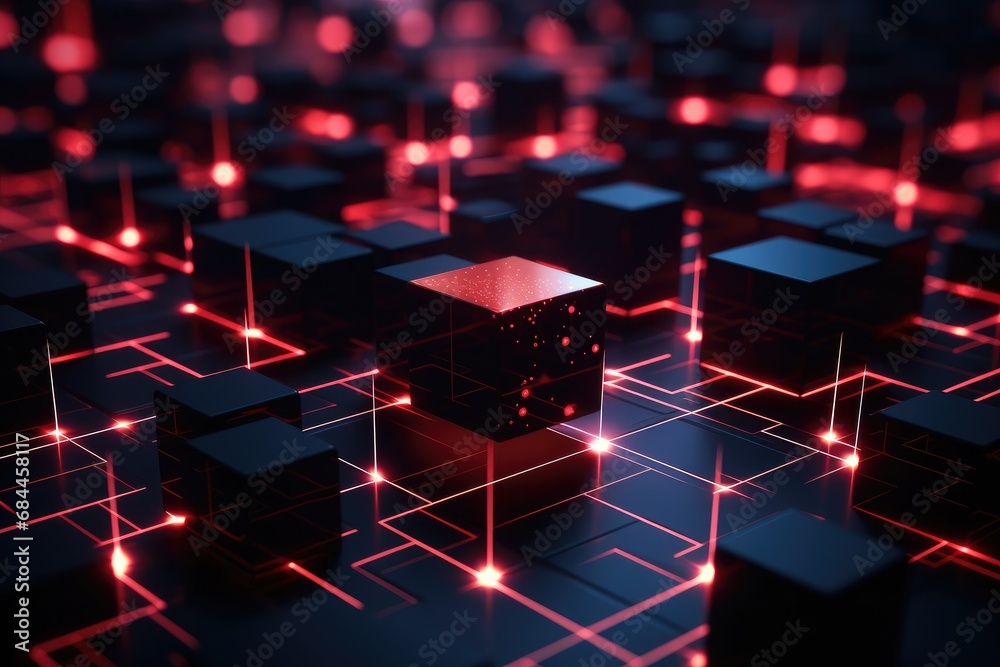Poster abstract red technology background with glowing cubes. 3d rendering toned image, close-up of a red g