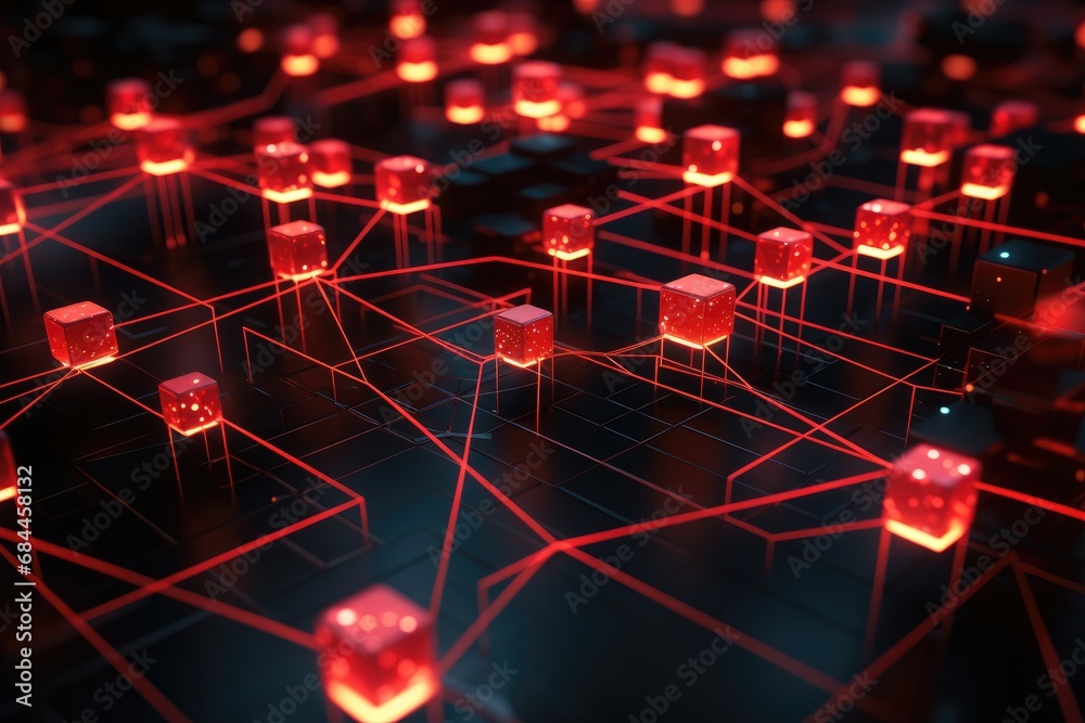 Poster 3d rendering of a network of red cubes on a dark background, close-up of a red glowing blockchain ne