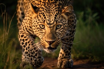 Leopard in the Okavango Delta - Moremi National Park in Botswana, Close-up of a leopard stalking prey, AI Generated