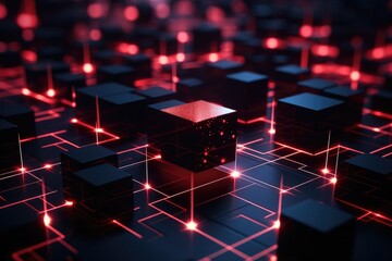 Abstract red technology background with glowing cubes. 3d rendering toned image, Close-up of a red glowing blockchain network with interconnected blocks and data fields, featuring, AI Generated