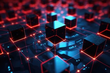 Abstract 3d rendering of black cubes with red neon lights on dark background, Close-up of a red glowing blockchain network with interconnected blocks and data fields, featuring, AI Generated