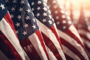Closeup of American flag on blurred background. USA Independence Day concept, Closeup of an American flag in a row, Memorial day, Independence day, AI Generated