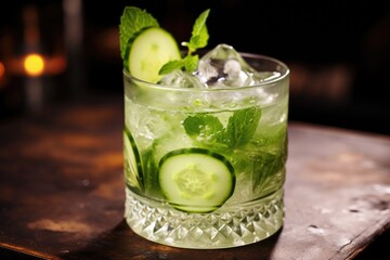 Cucumber mojito cocktail in a glass with ice and mint, Cocktail with cucumber and ice on the bar counter in a restaurant, pub, AI Generated