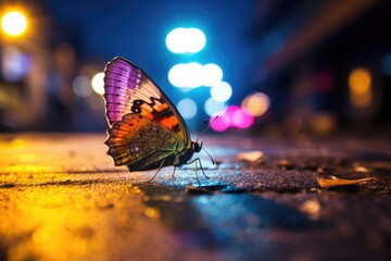 Butterfly on the street at night in Bangkok, Thailand, Colorful butterfly on the sidewalk of a busy street at night, captured through macro photography, AI Generated