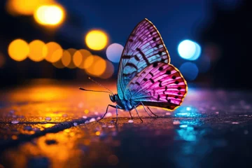 Papier Peint photo Lavable Papillons en grunge butterfly on the road at night with bokeh background, Colorful butterfly on the sidewalk of a busy street at night, captured through macro, AI Generated