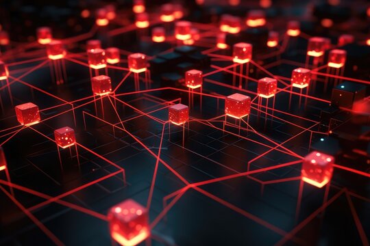 3D rendering of a network of red cubes on a dark background, Close-up of a red glowing blockchain network with interconnected blocks and data fields, AI Generated