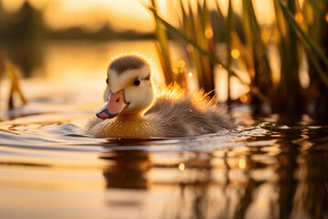 A duck swimming in a lake with reeds in the background. Generative AI. - Powered by Adobe