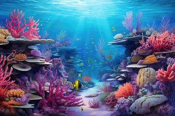 Underwater world with corals and tropical fish. 3d render, Coral garden seascape and the underwater world, AI Generated