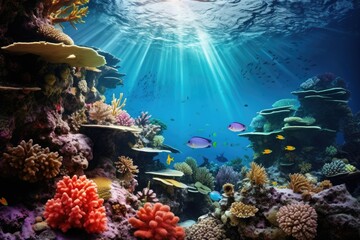 Underwater world with corals, fishes and rays of light, Coral garden seascape and the underwater...