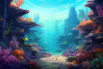 Poster Underwater scene with corals and tropical fish. 3D rendering, Coral garden seascape and the underwater world, AI Generated © Ifti Digital