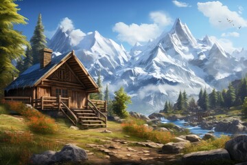 Beautiful mountain landscape with wooden log house and lake. Digital painting, Create a picturesque mountain scene with a log home on the side of a rugged mountain with snow-capped, AI Generated