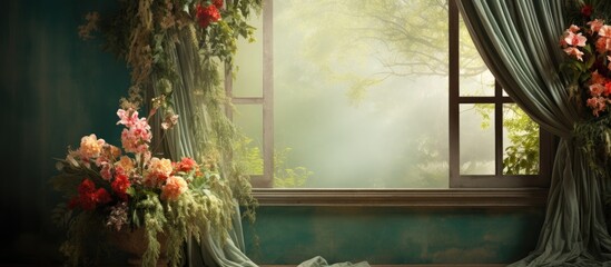In the frame of a beautiful green window, a curtain gently sways, revealing a scene of floral beauty with vibrant flowers adorning a natural backdrop, creating a stunning gift from nature to the home