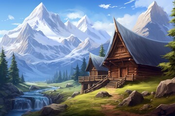 Fototapeta na wymiar Beautiful mountain landscape with wooden log house and waterfall. Digital painting, Create a picturesque mountain scene with a log home on the side of a rugged mountain with, AI Generated
